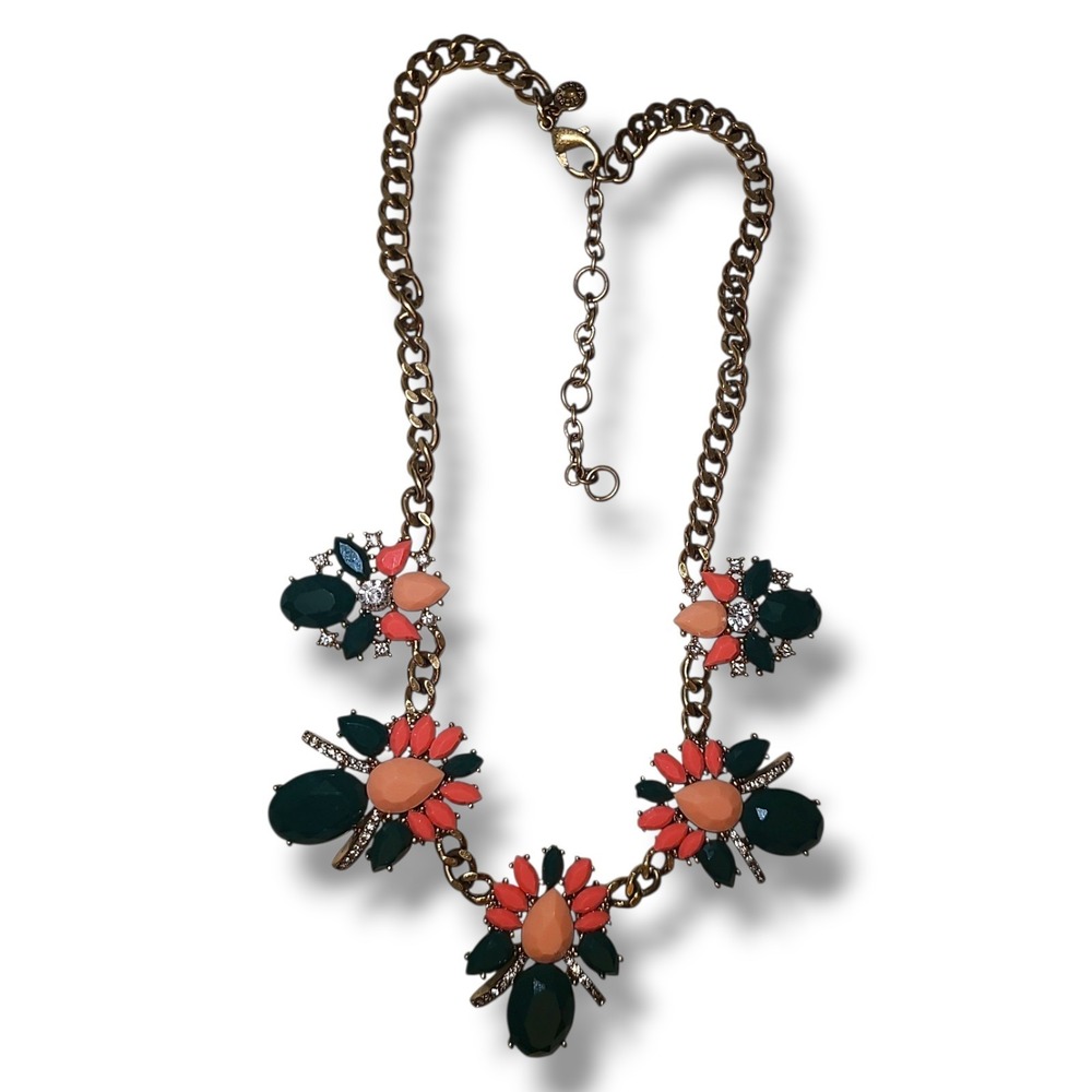 J. Crew Pave Rhinestone Peach Green Salmon Gold Tone Chain Statement Necklace